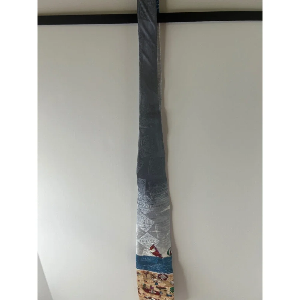 Tabasco Mens Silk Tie Beach Scene Sailboat Novelty Necktie Blue Grey Made in USA